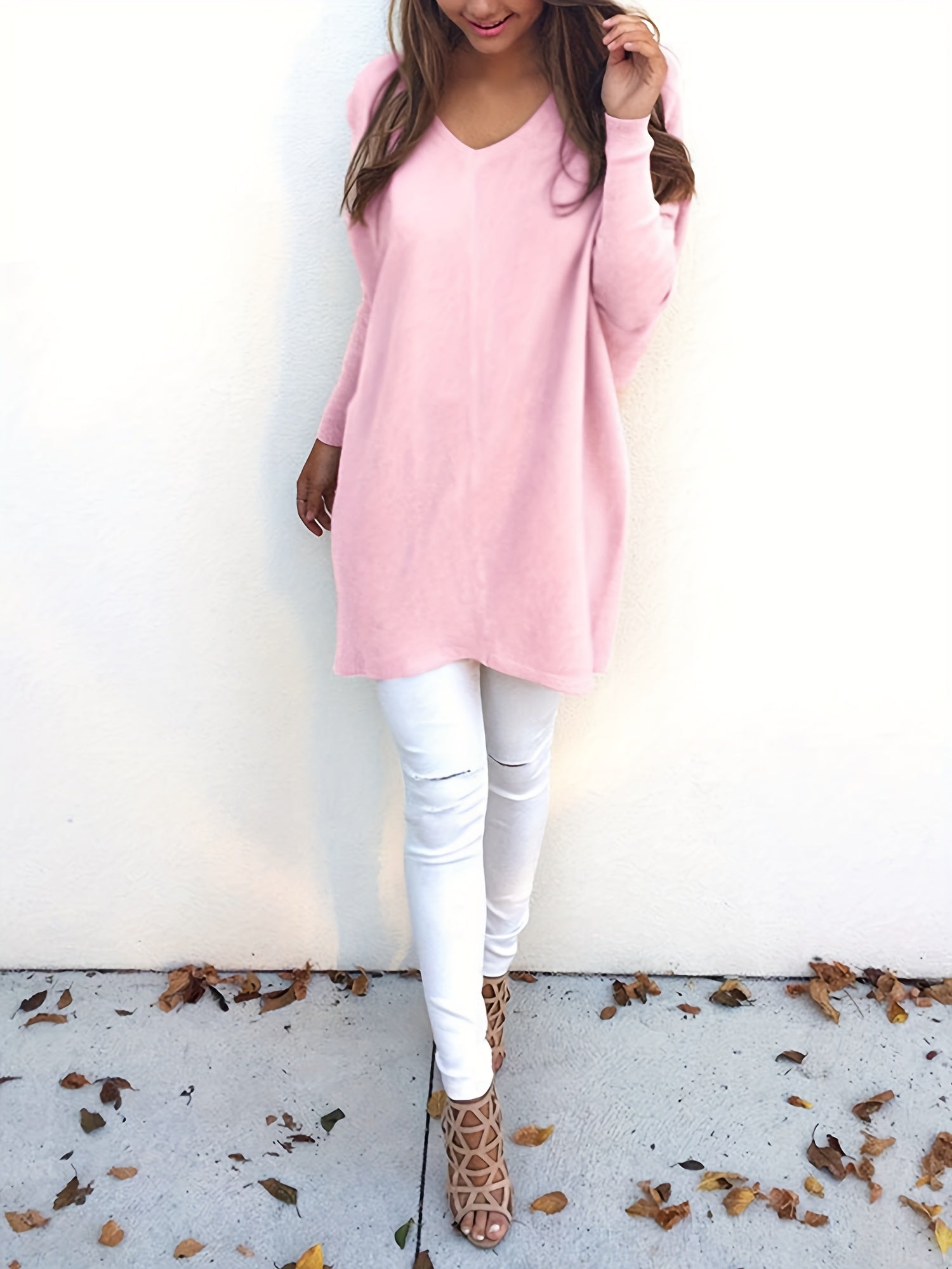  Casual Sweater Women's Plus Solid V-Neck Pullover Jumper