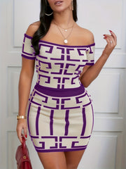 Sexy Geo Print 2pc Set Off Shoulder Top & High Waist Skirt