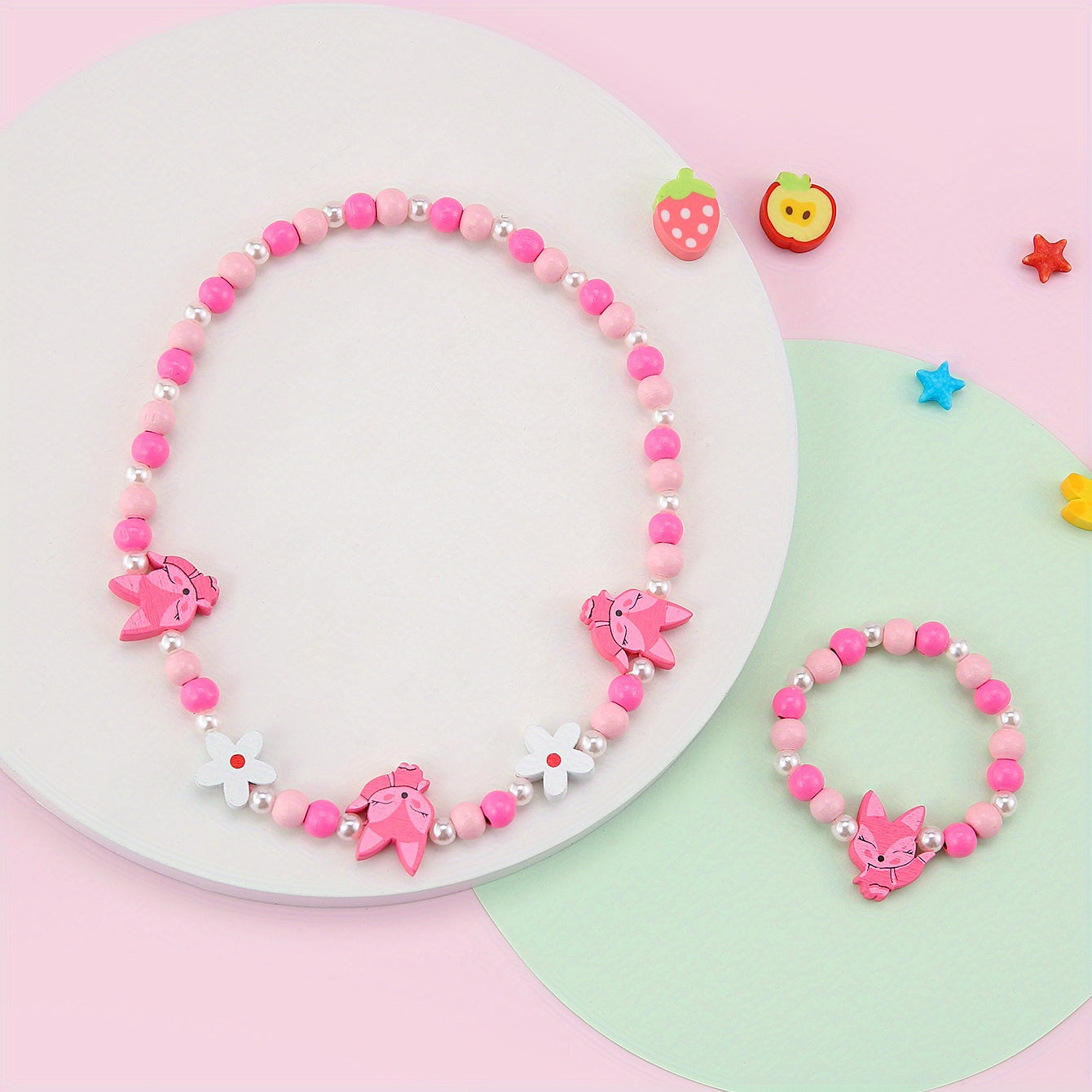 Pink Wood Fox Flower Beads Jewelry Set
