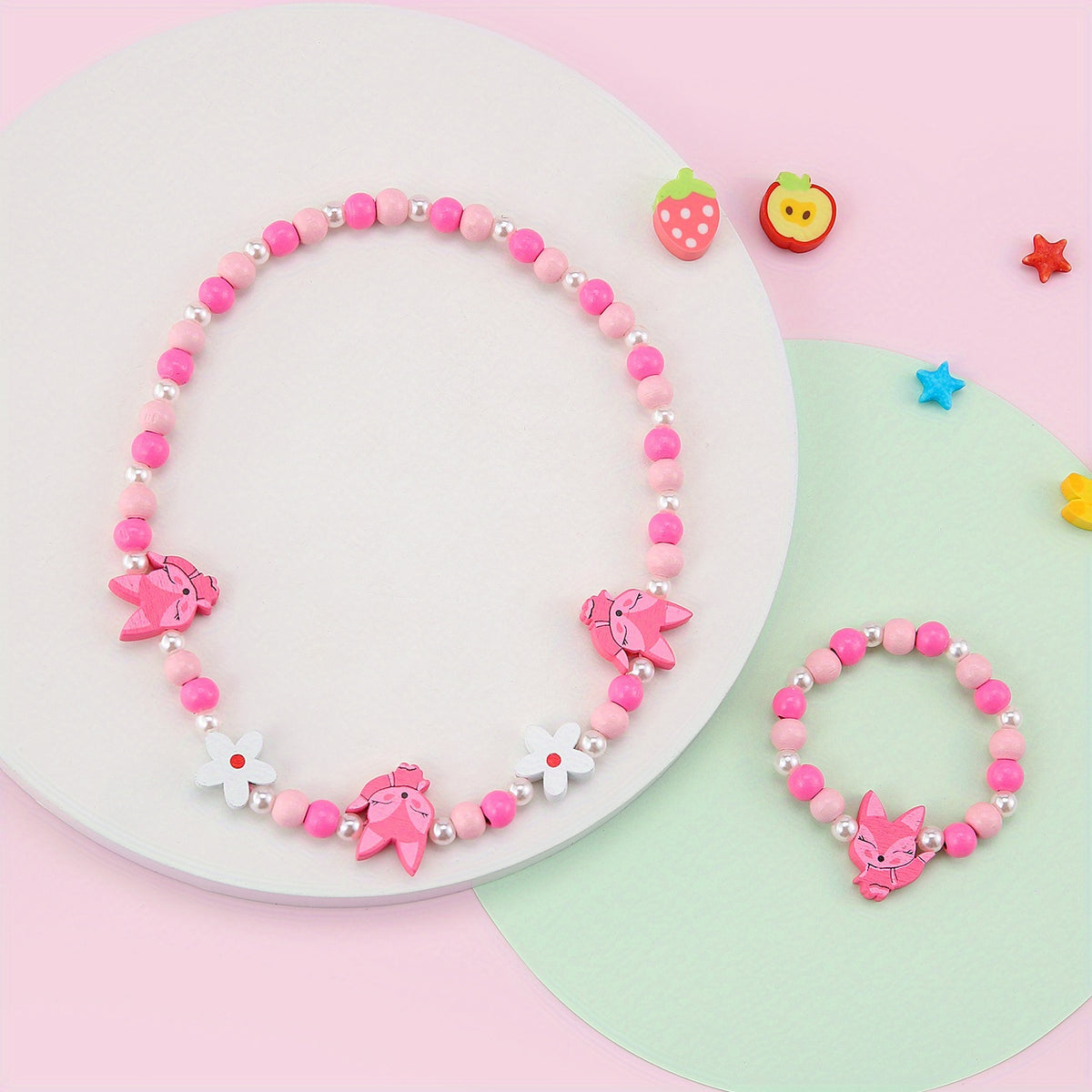 Pink Wood Fox Flower Beads Jewelry Set