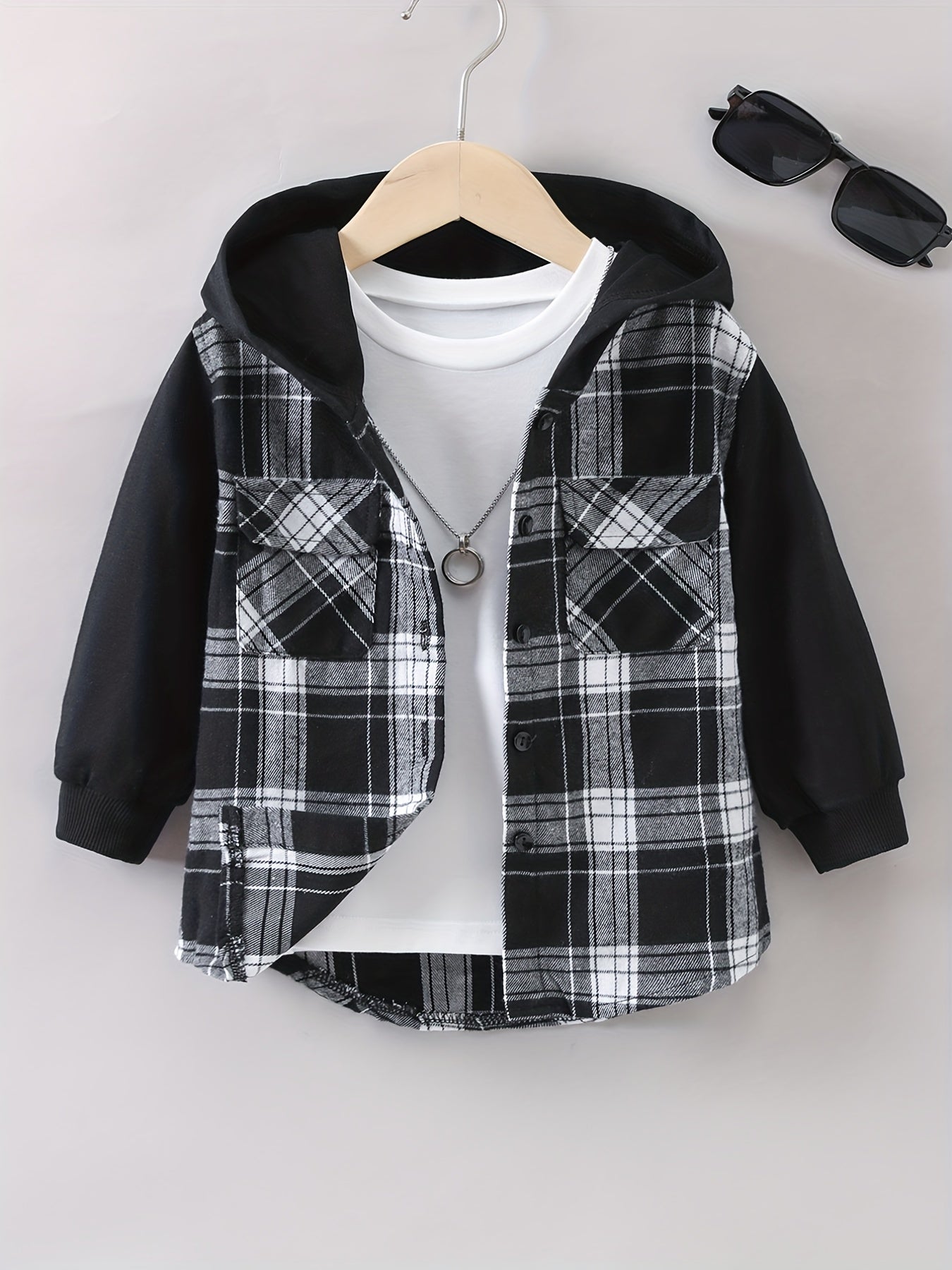 Kids Plaid Hooded Jacket Casual Button Down Hoodie