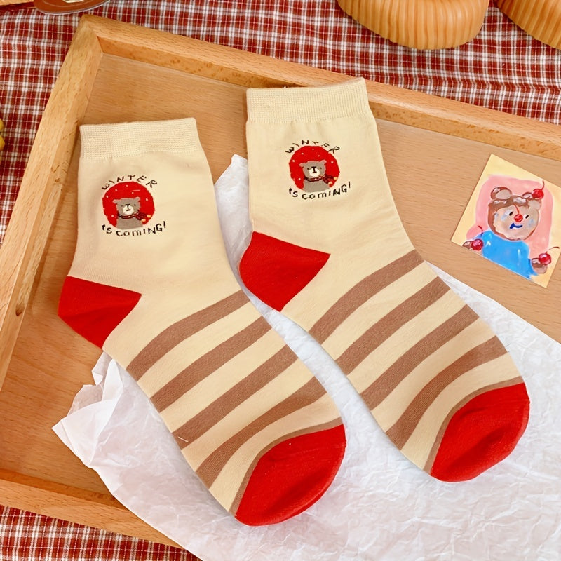 Teddy Bear Red Socks Comfy Mid Tube Women's Stockings