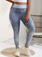 Ripped Denim Print High Rise Leggings