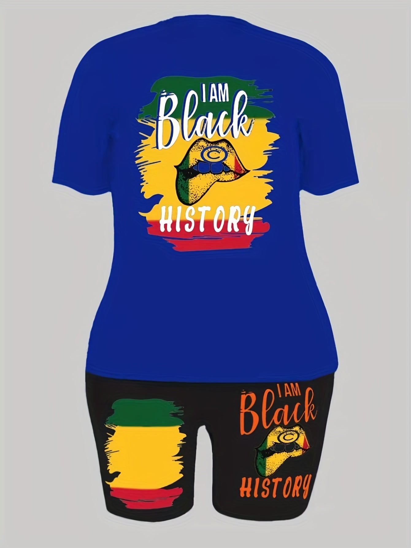  Colorblock Slogan & Lip Print Crop Top & Shorts Set