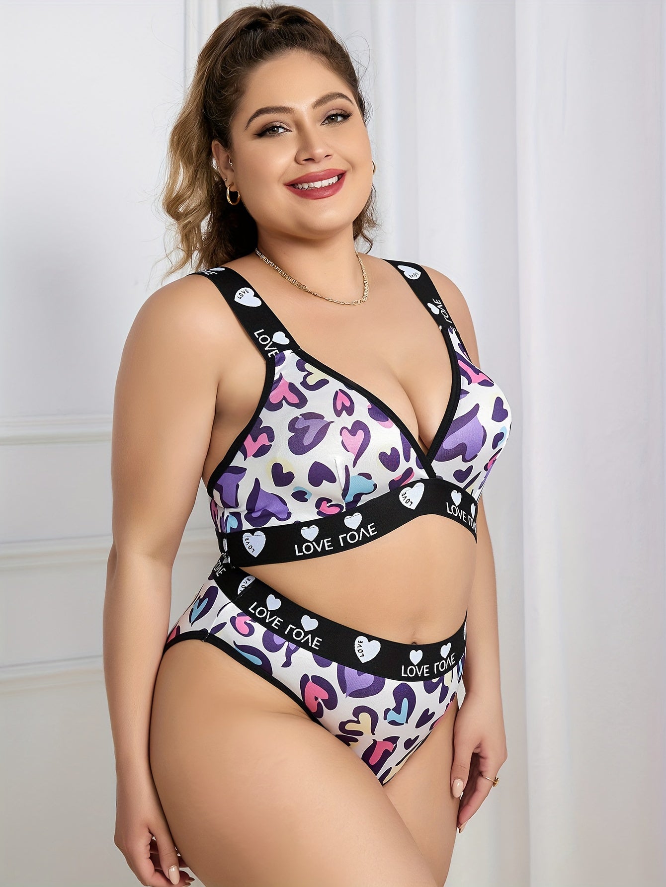  Colorful Heart Print V Neck Bra & Panty Set