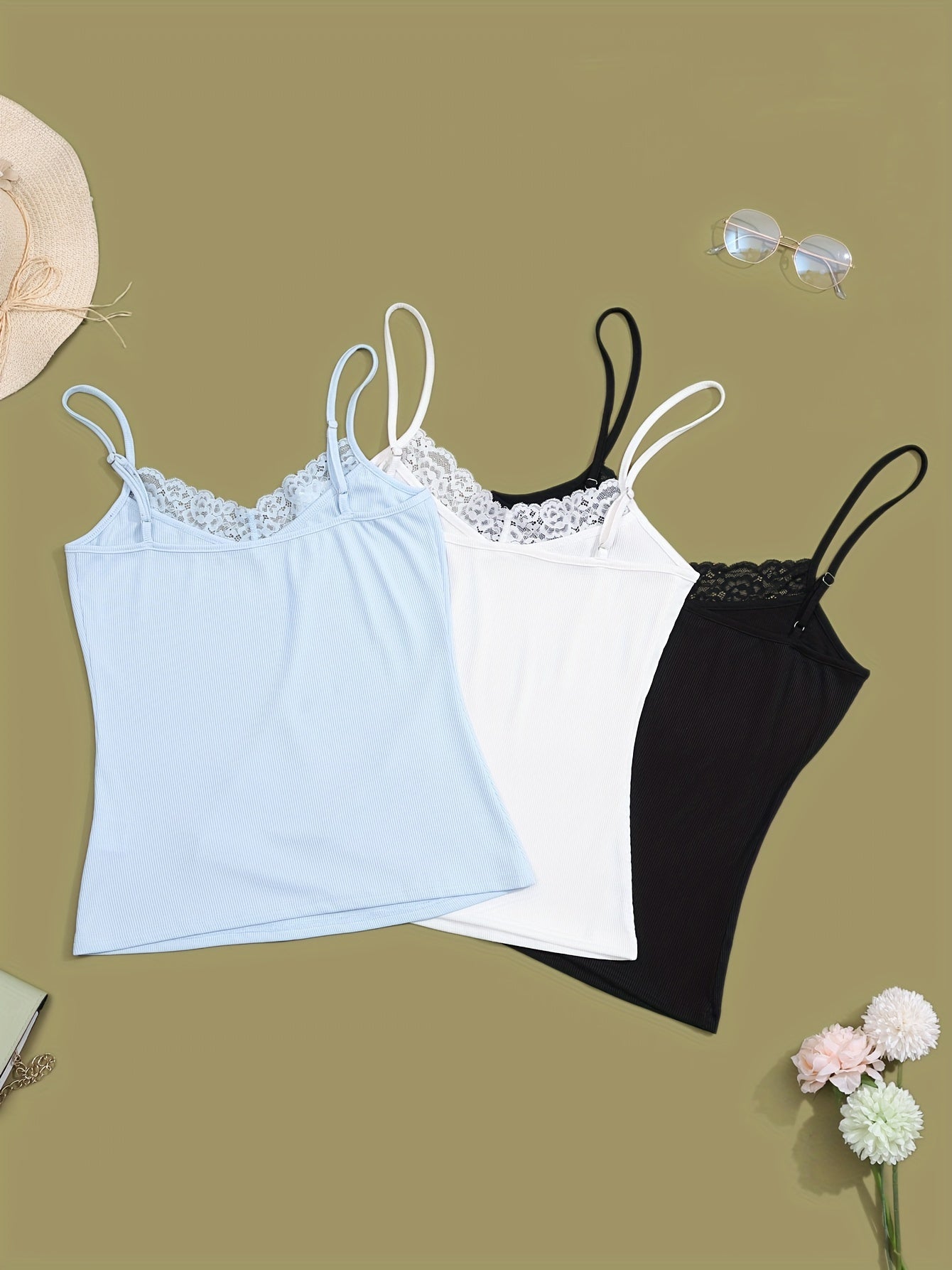 3pcs Lace V Neck Cami Top Lounge Tops