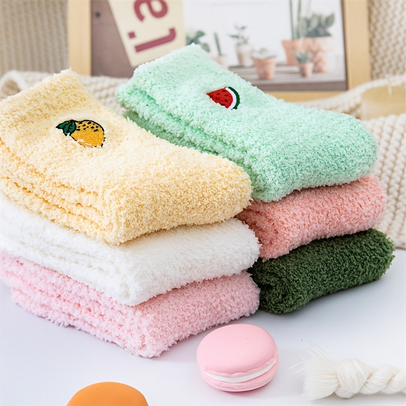 Soft Plush Home Floor Socks Fruit Pattern Thick & Warm Mid Tube Stockings