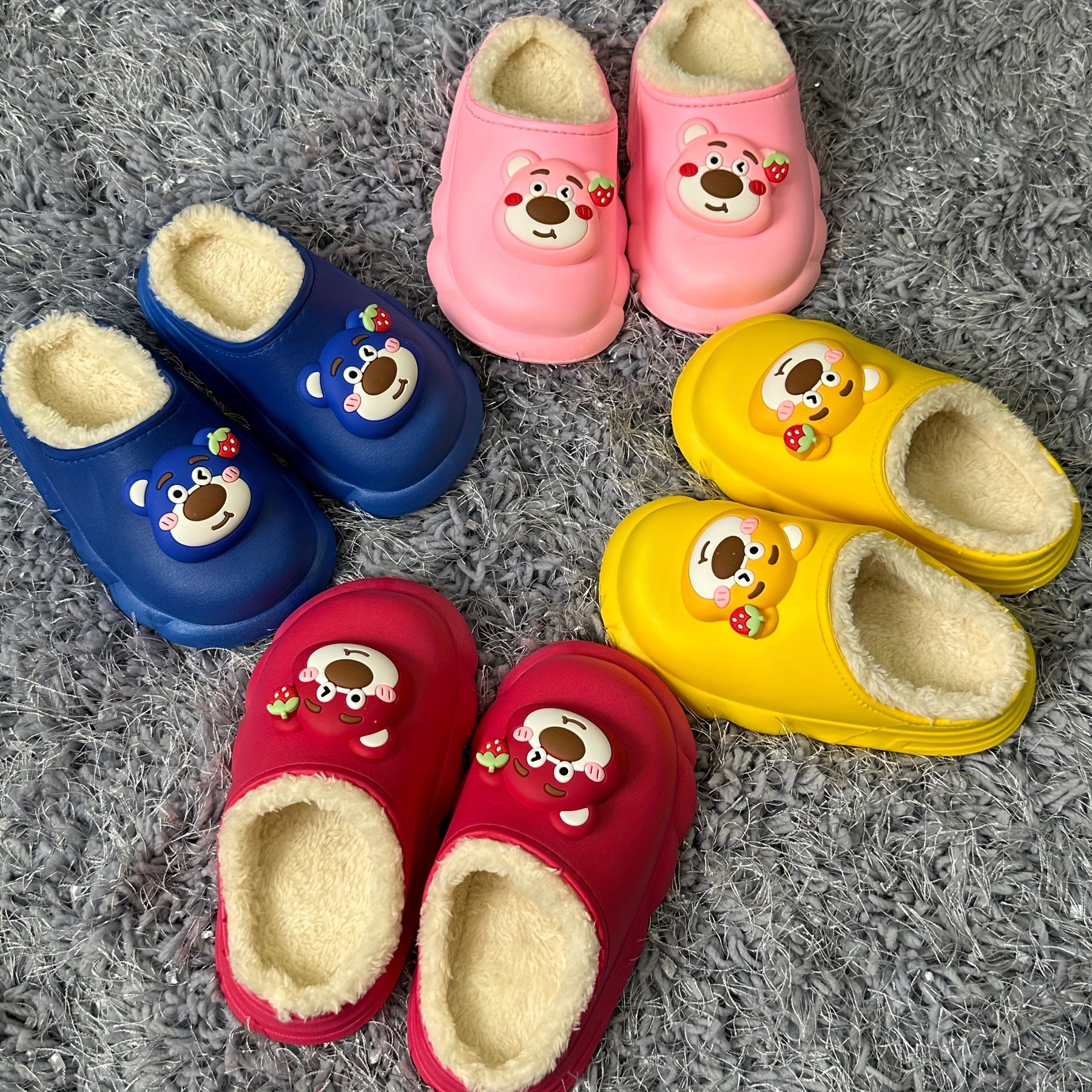 Kids Cartoon Bear Fleece House Shoes, Non-Slip Soft Bottom Indoor Shoes