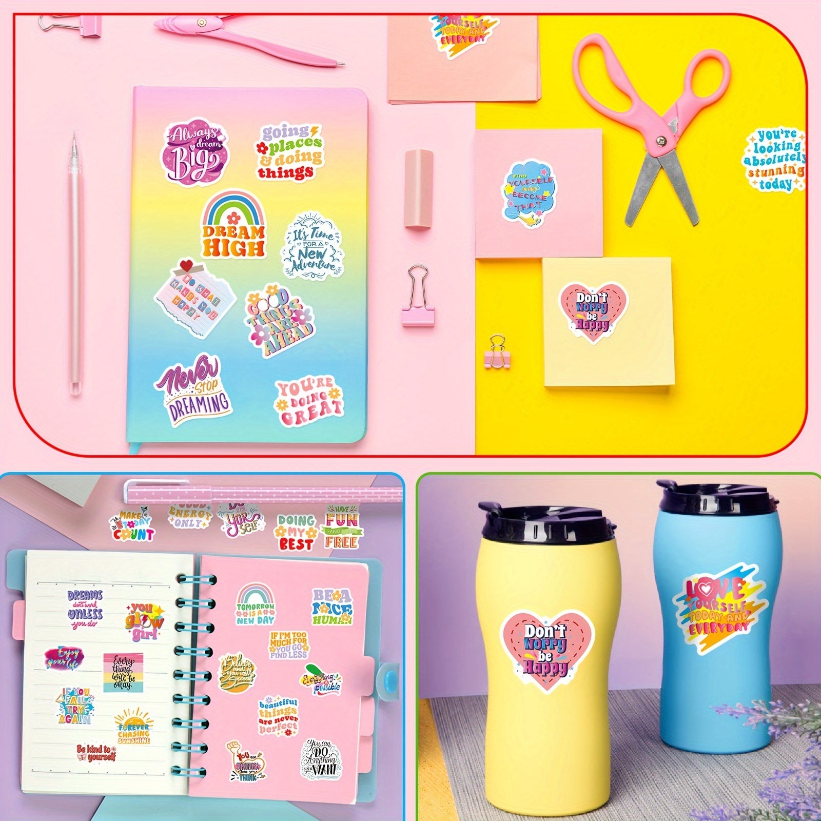 200 Inspirational Stickers Floral Designs Waterproof Positive Messages