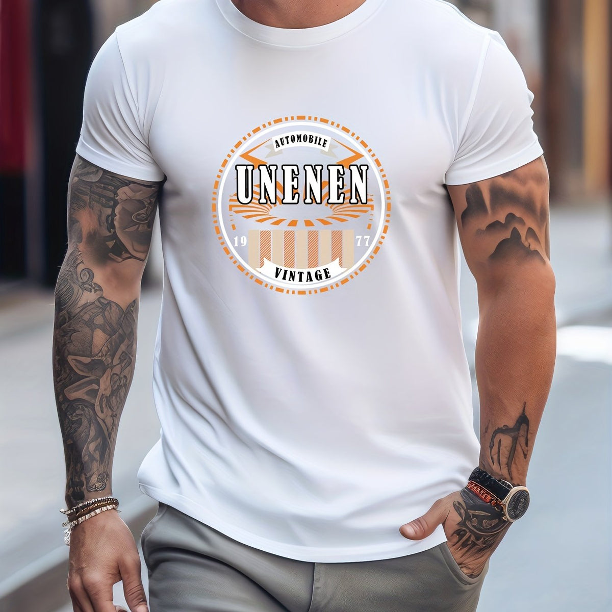 Retro Letter Motorcycle Print Men's Graphic Crew Neck T-shirt