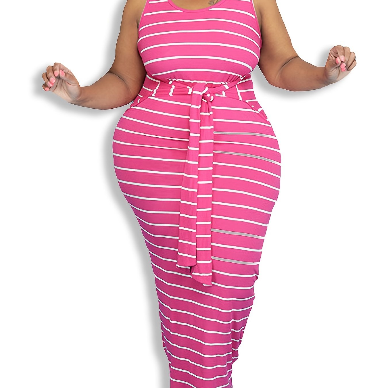  Striped Lace Up Maxi Dress with Belt