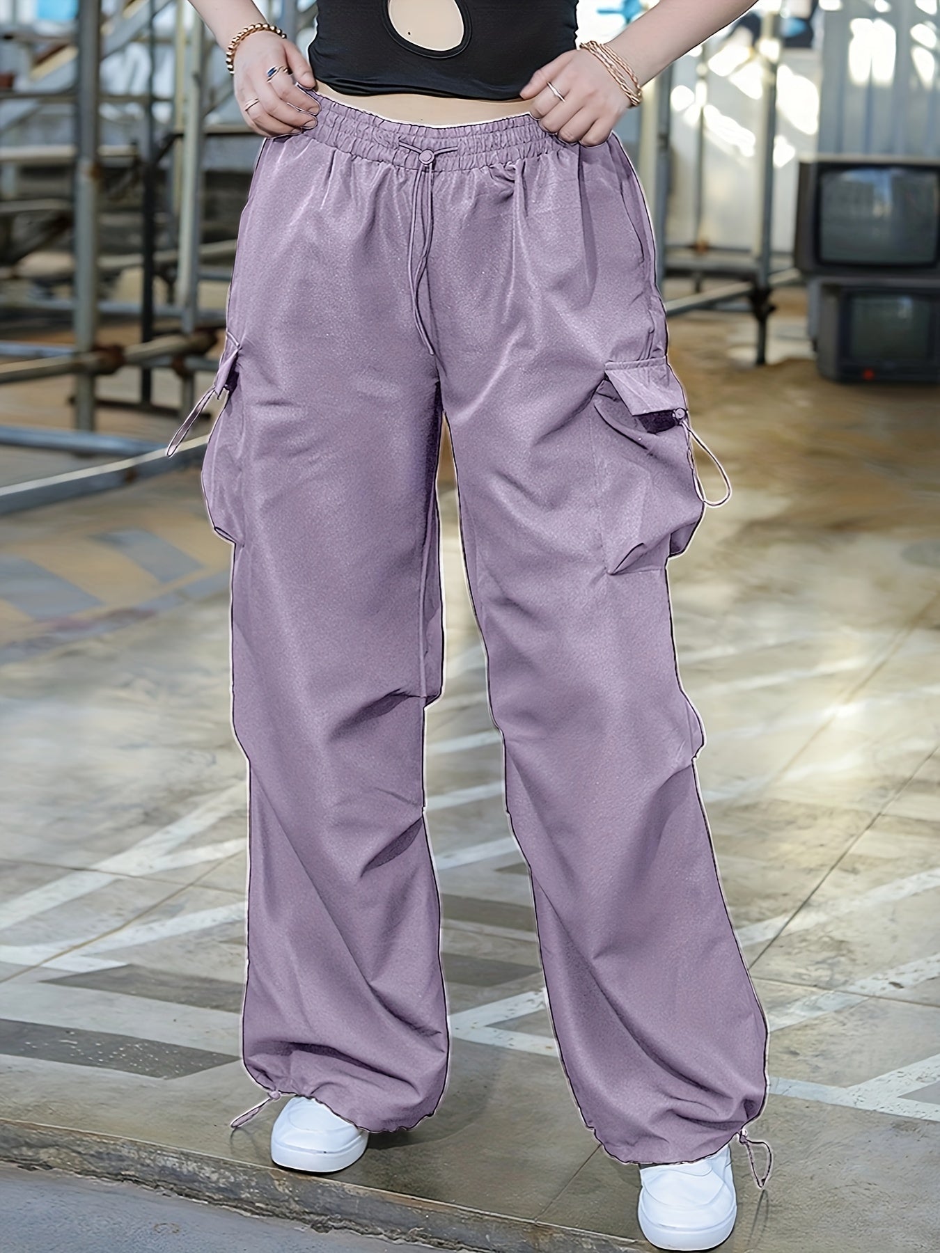  Solid Elastic Drawstring High Rise Cargo Pants