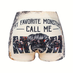 Plus Size Sexy Shorts Women's Plus Art Letter & Monster Print