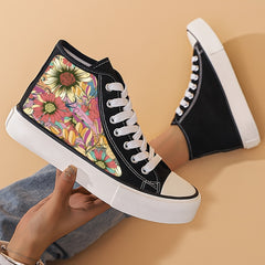 Women's High Top Canvas Shoes with Flower Pattern and Platform Sole