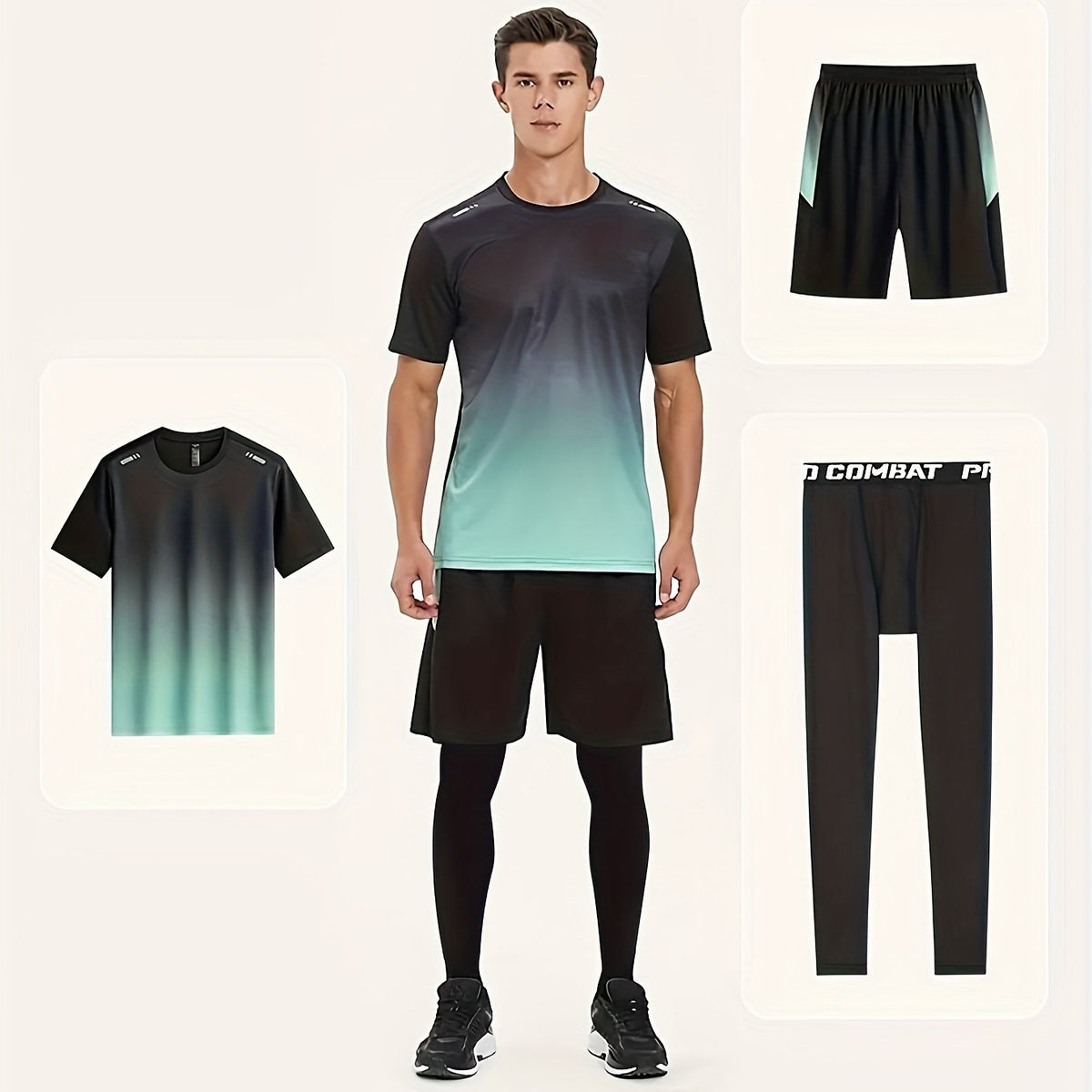 Men's Gradient T-shirt Active Shorts Leggings Set for Basketball Fitness