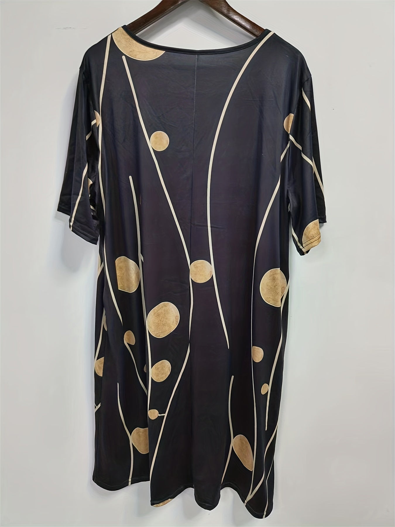  Stripe & Dots Print V Neck Dress with Pockets