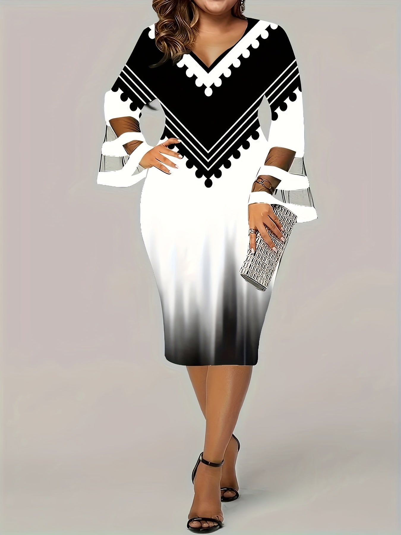  Colorblock Ombre Print Mesh Sleeve V Neck Fit Dress