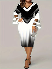  Colorblock Ombre Print Mesh Sleeve V Neck Fit Dress