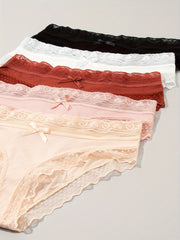 5pcs Lace Trim Ribbed Briefs Stretchy Panties Women's Lingerie