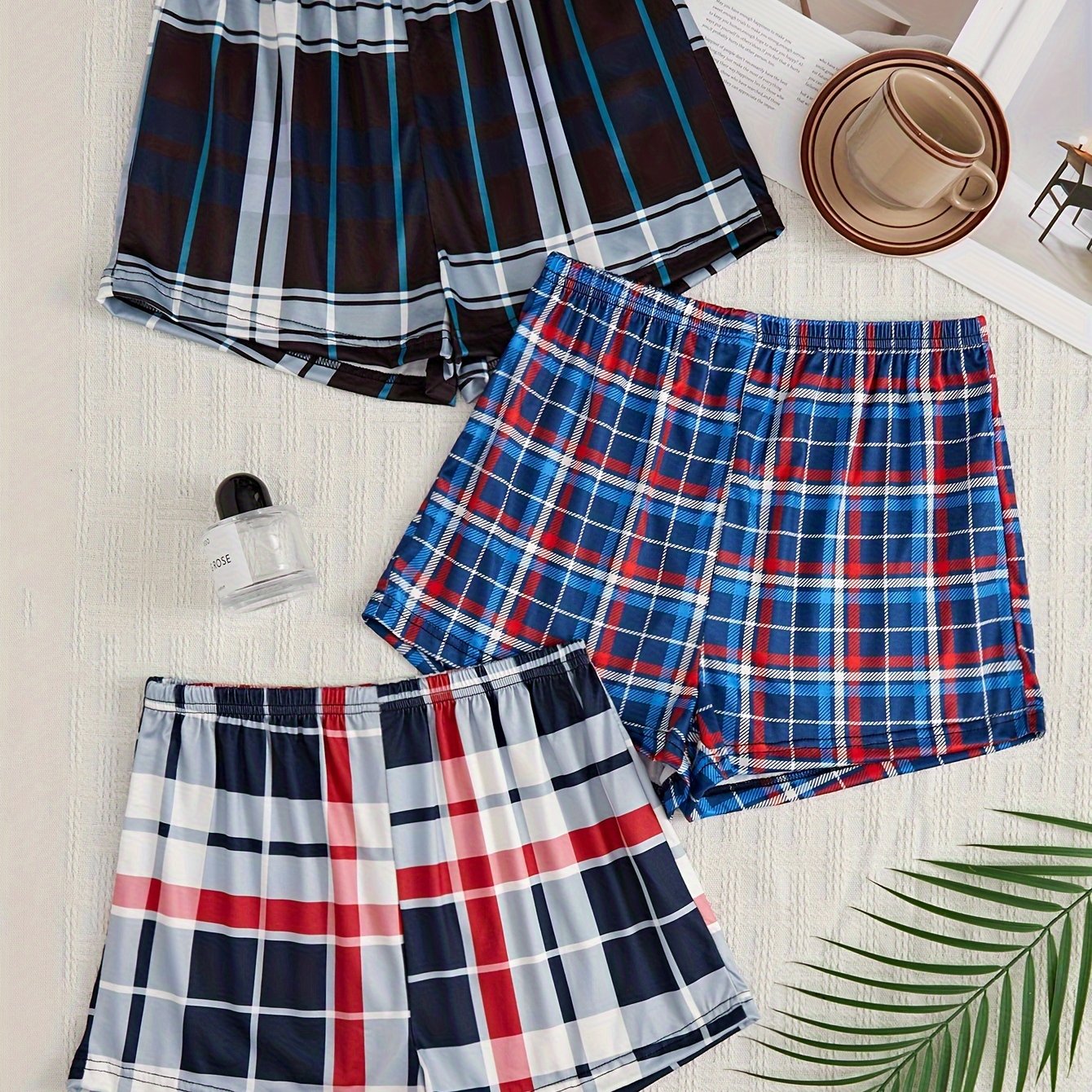 3pcs Plaid Sleep Bottoms Soft Elastic Waistband Shorts Women's Sleepwear