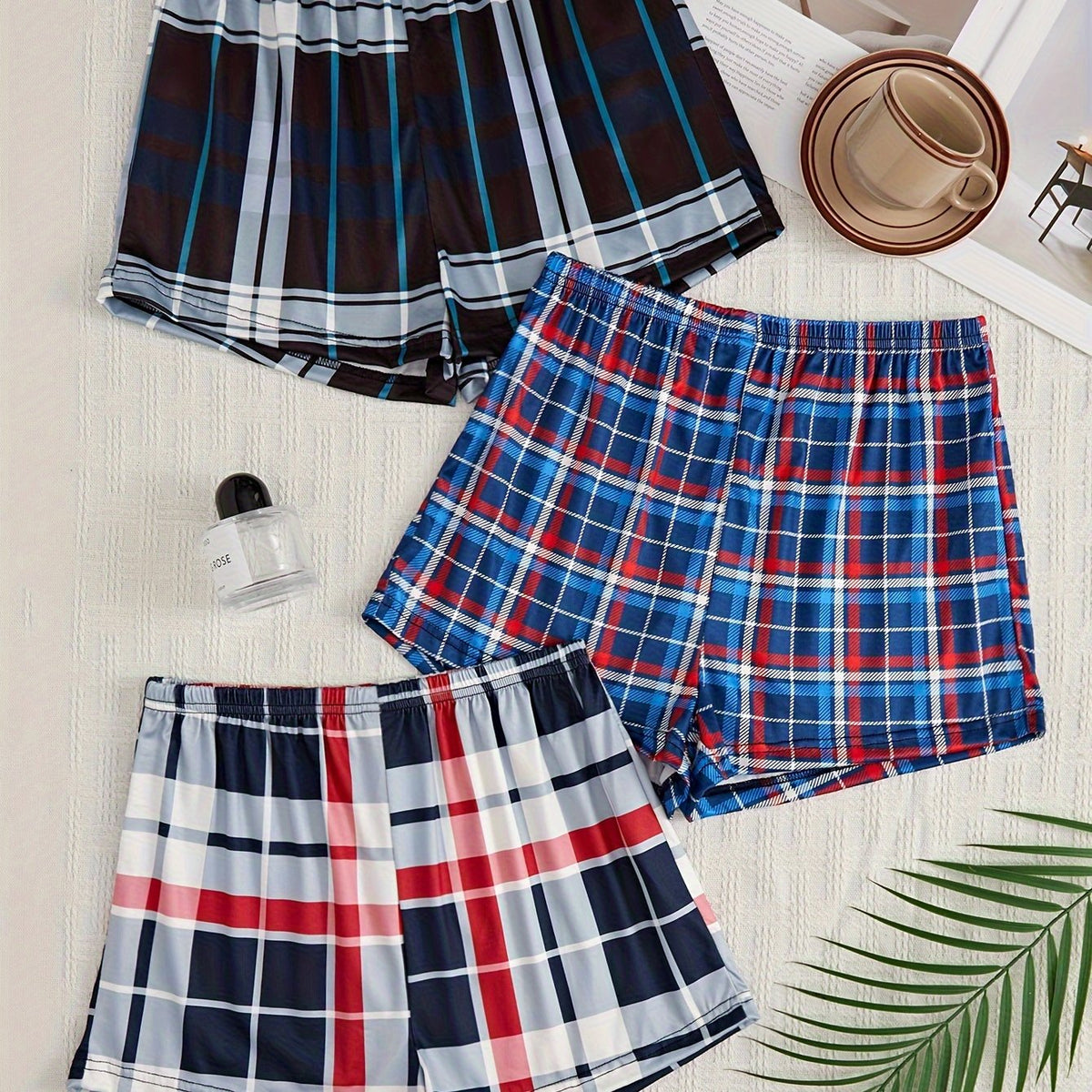 3pcs Plaid Sleep Bottoms Soft Elastic Waistband Shorts Women's Sleepwear