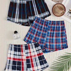 3pcs Plaid Sleep Bottoms Soft Elastic Waistband Shorts Women's Sleepwear