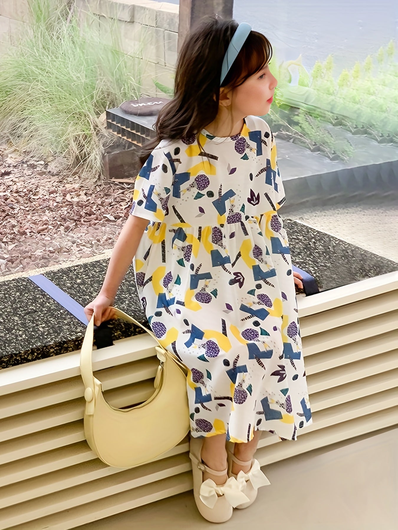 Girl's Geometry Pattern Dress Casual Loose Short Sleeve Crew Neck Summer Beach