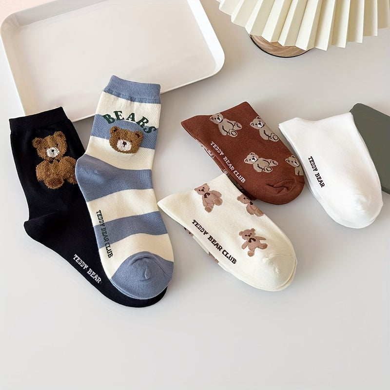 5 Pairs Cartoon Bear Print Socks Comfy & Mid Tube Socks Women's Stockings