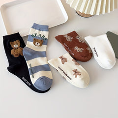 5 Pairs Cartoon Bear Print Socks Comfy & Mid Tube Socks Women's Stockings