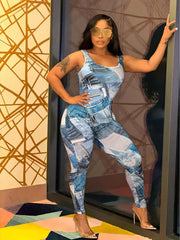 Denim Print Slim Tank Jumpsuit Sleeveless Sexy Jumpsuit