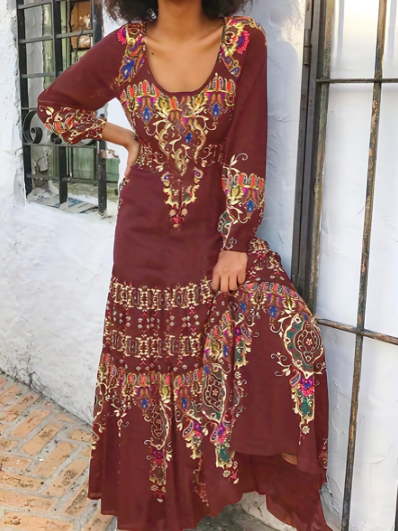  Boho Dress Women's Plus Floral Lantern Sleeve Pleated Dress
