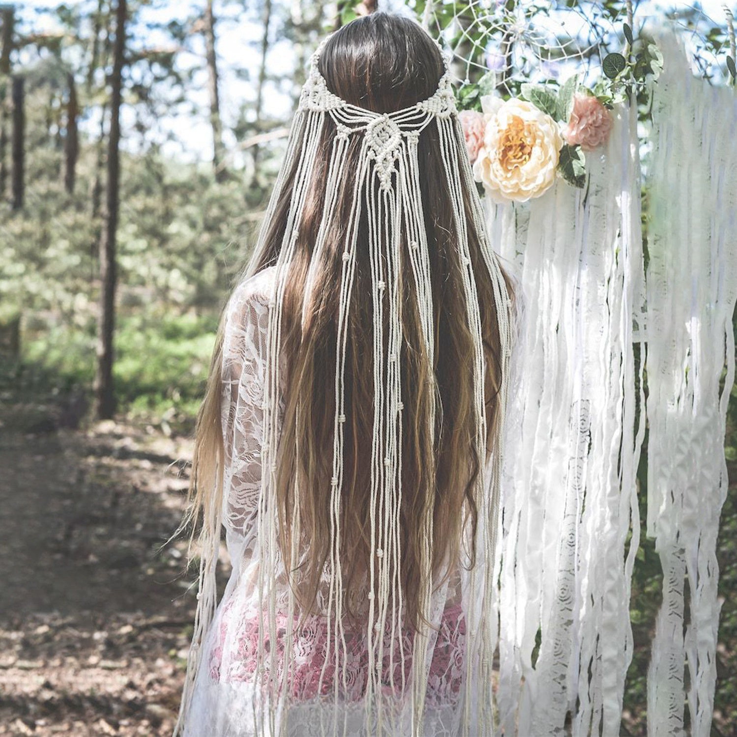 Boho Wedding Headband Beige Brown Bridal Veil Hairband for Women