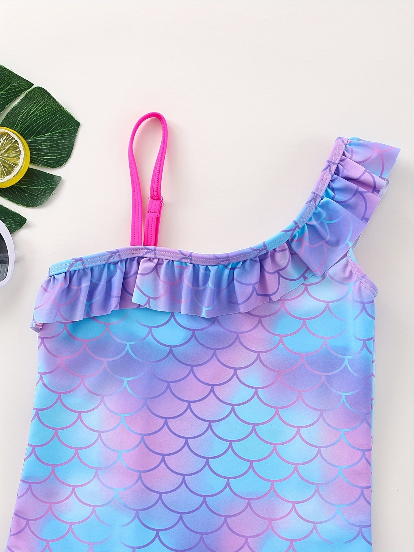 Mermaid Tie Dye Ruffled Swimsuit for Girls - One Shoulder One Piece