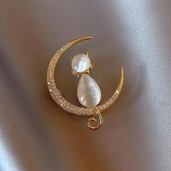 Cat Brooches Crystal Moon Stone Animal Pin