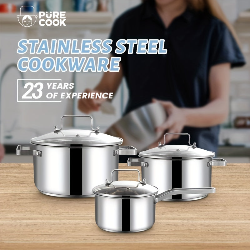 6pcs Stainless Steel Cooking Pot Set Glass Lid Saucepan Soup Pot