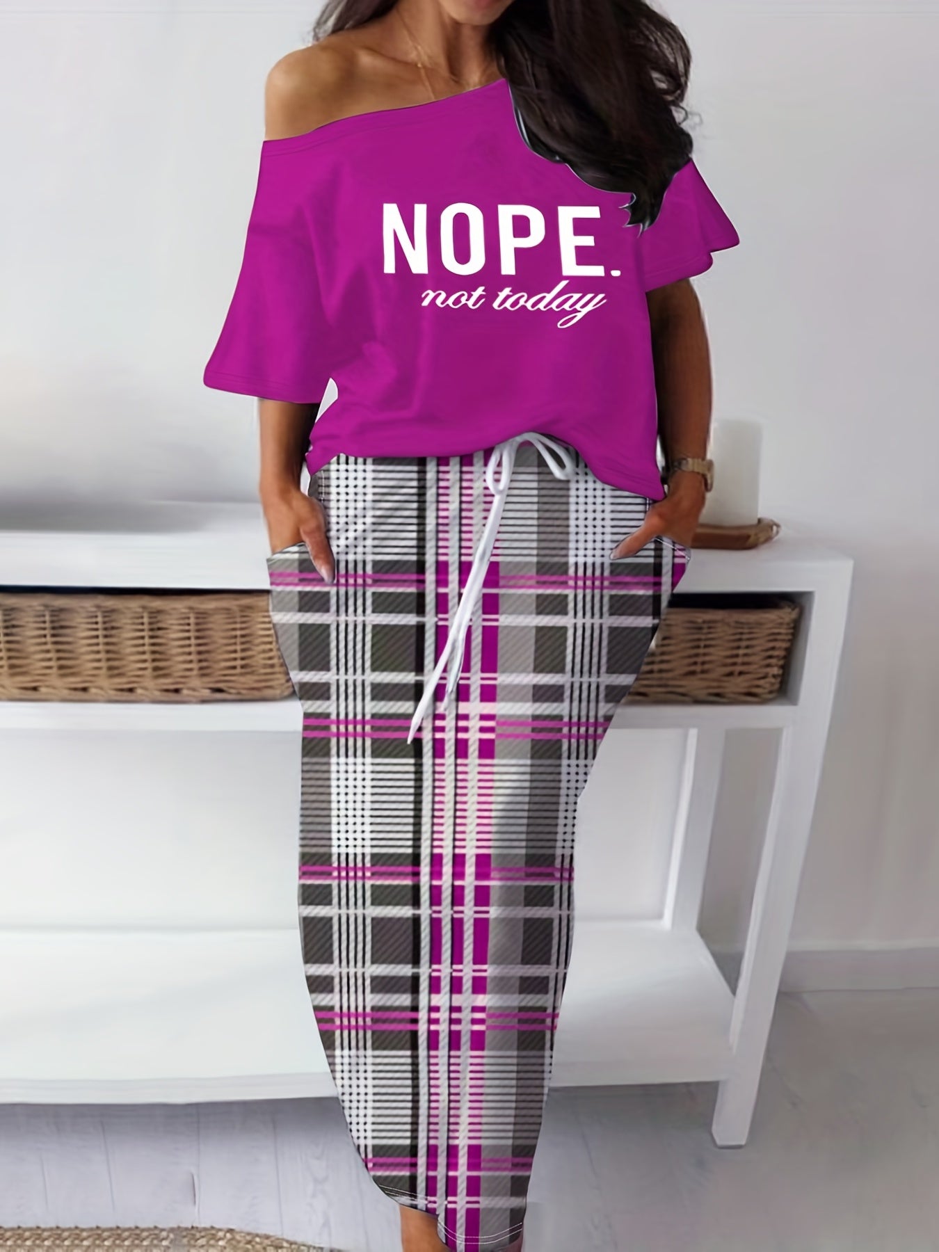  Slogan Print One Shoulder Top & Plaid Print Maxi Skirt Set