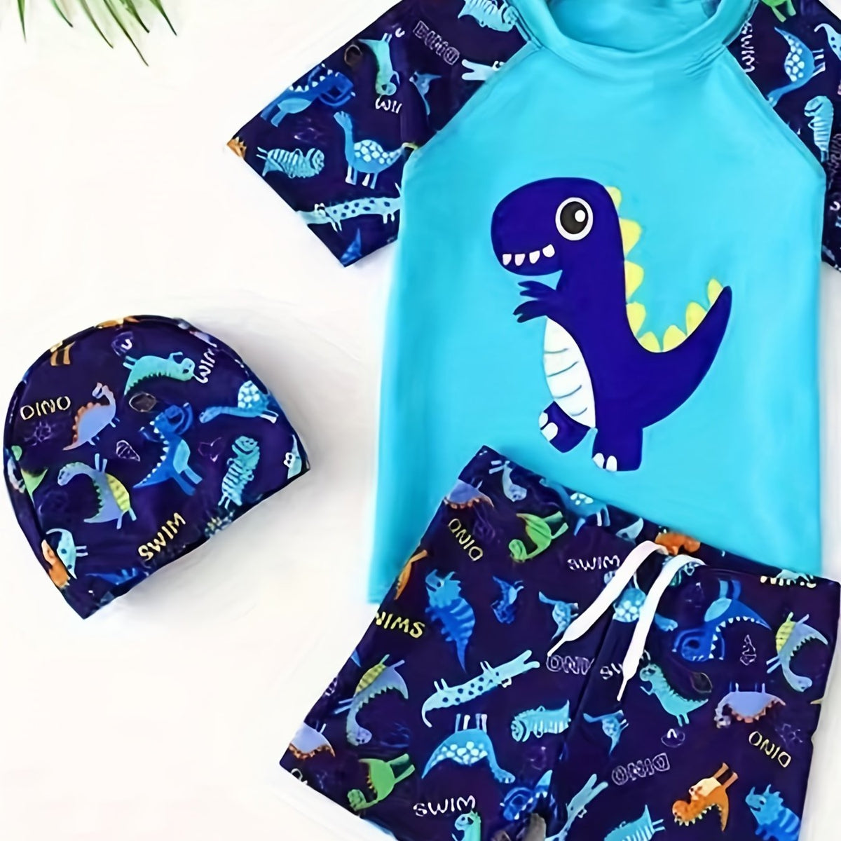 Boy's Dinosaur Swimsuit Set T-shirt, Cap, Trunks - Beach Vacation