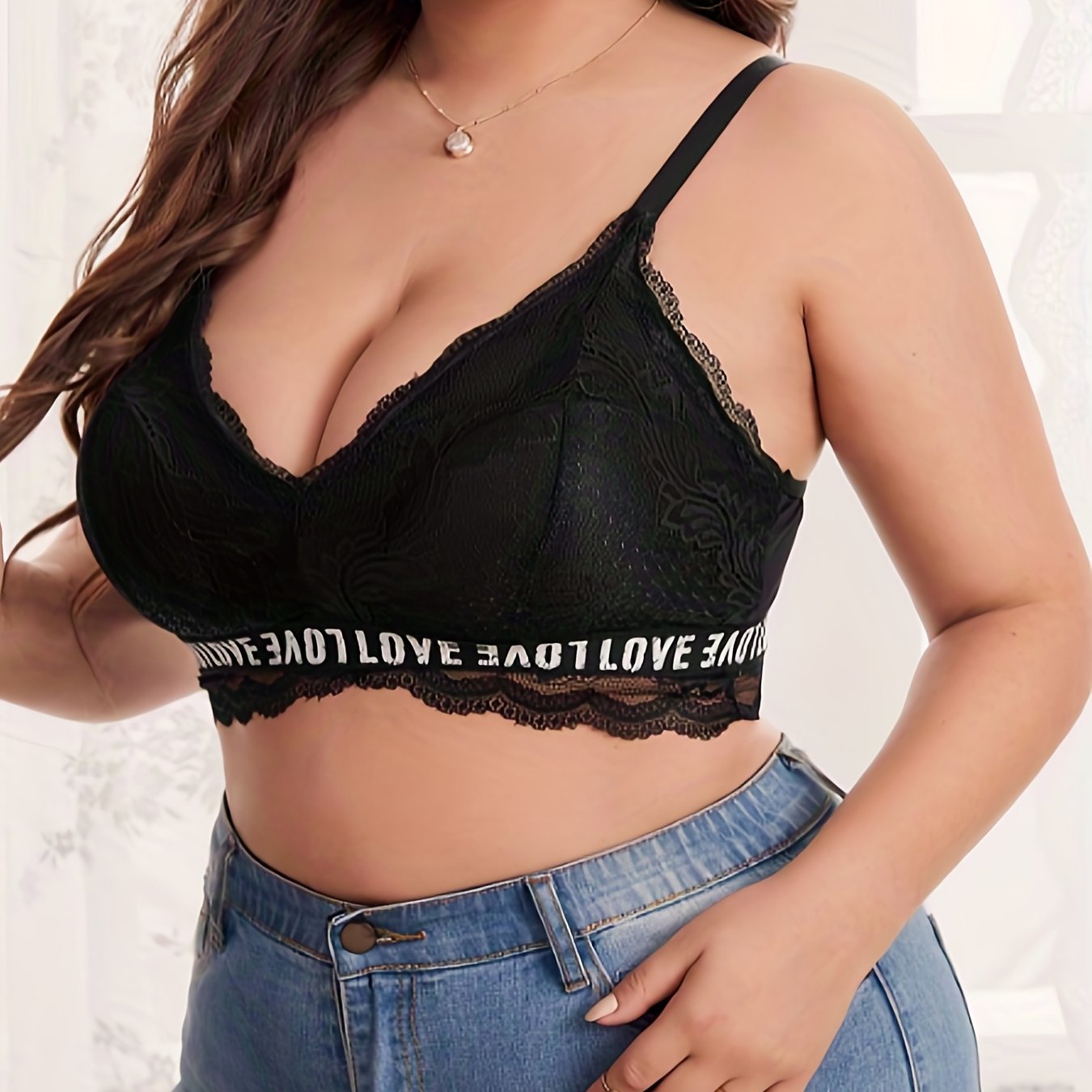  Sexy Bra Women's Plus Solid Contrast Lace Trim Letter Tape Bra