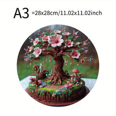 Plywood Puzzle 500 Pieces Vibrant Peach Tree with Mushrooms & Flowers
