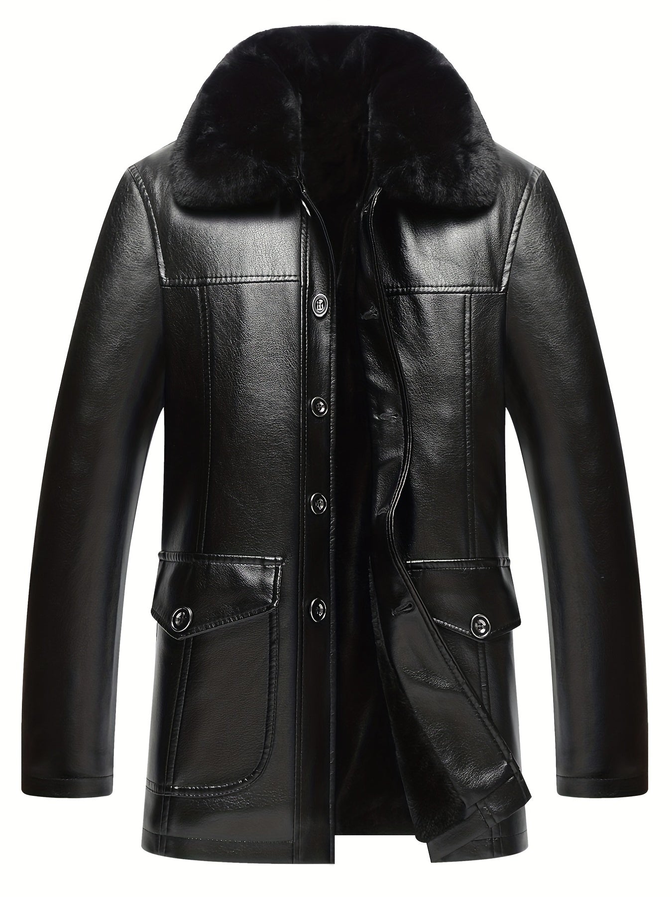 Men's Fleece PU Jacket Fur Collar Button Up Leather Jacket