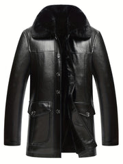 Men's Fleece PU Jacket Fur Collar Button Up Leather Jacket