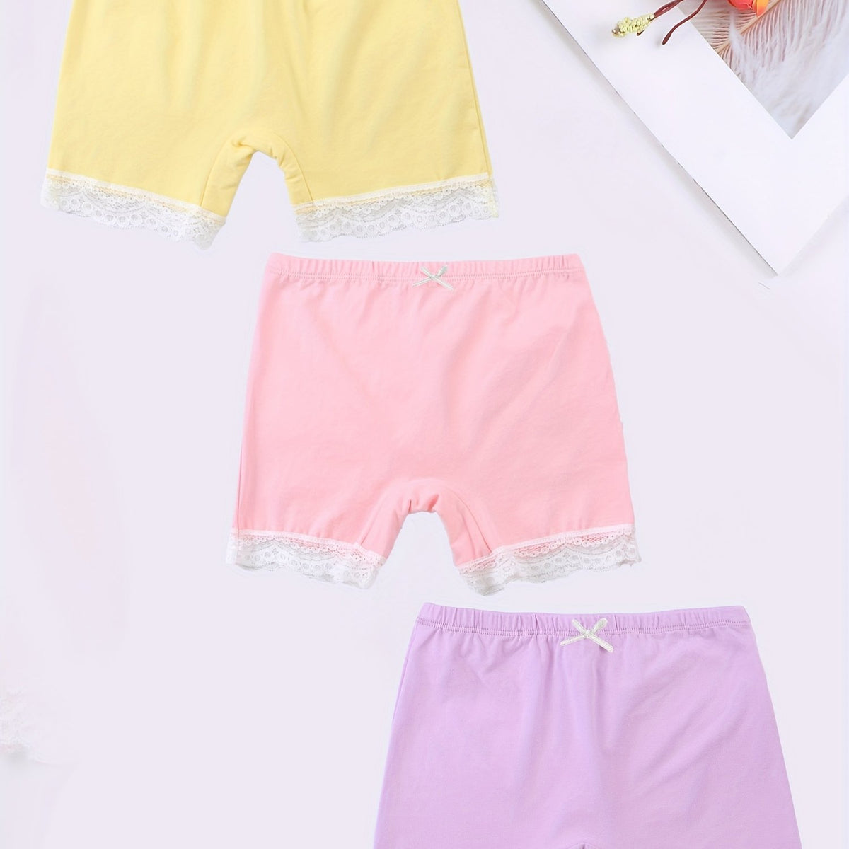 3pcs Girl's Cotton Boyshorts Lace Trim Elastic Waist Shorts