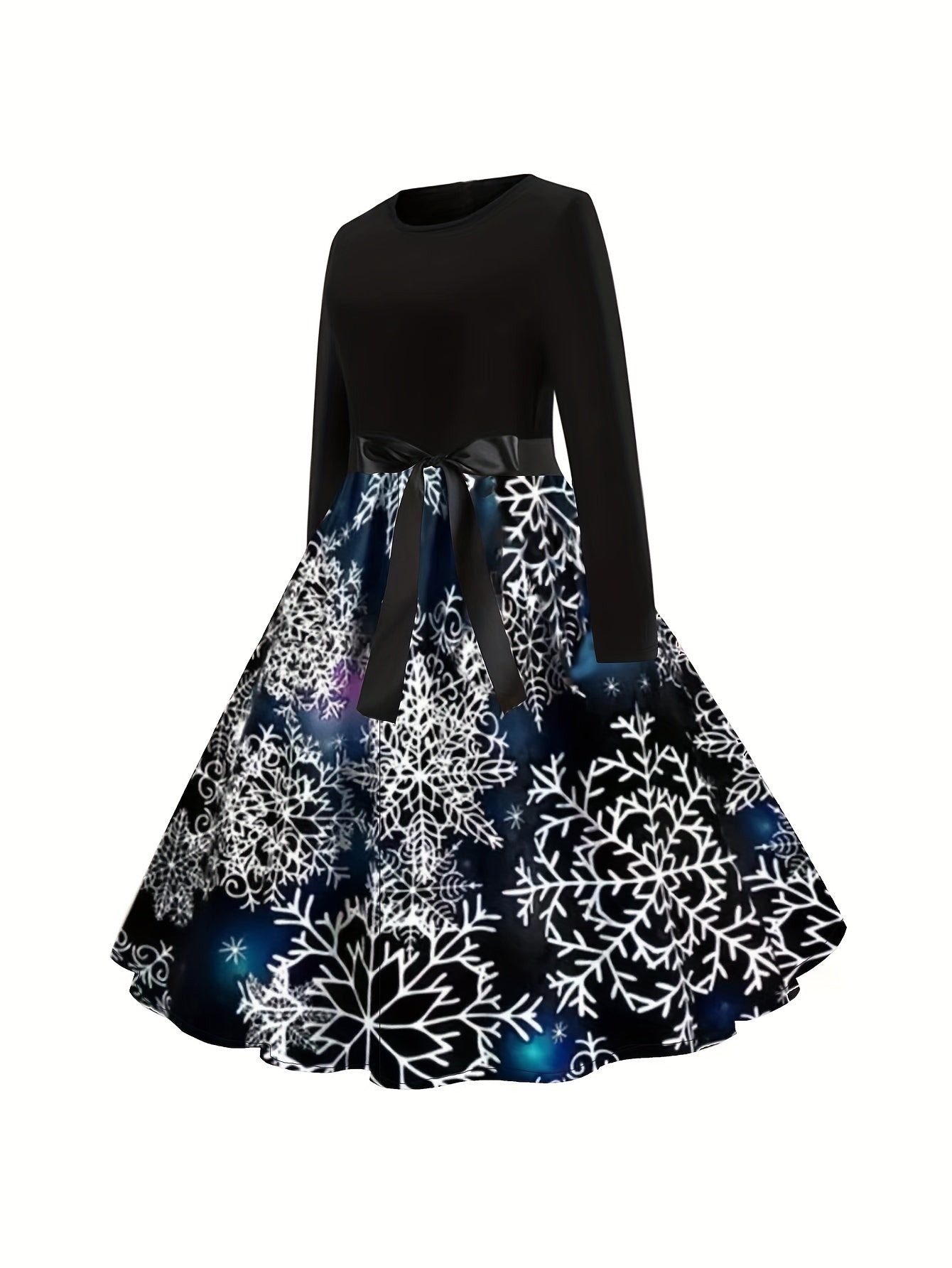  Colorblock Graphic Print Round Neck Belted Dress