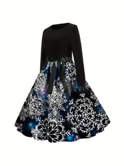  Colorblock Graphic Print Round Neck Belted Dress