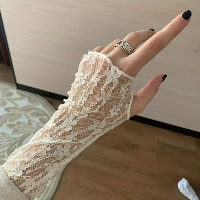 Floral Lace Fingerless Sunscreen Long Gloves Women