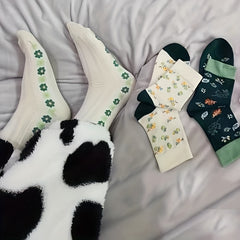 8 Pairs Floral & Plaid Print Mid Tube Socks Women's Stockings Hosiery