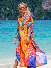 Boho Cover Up Women's Plus Tribal & Leopard Print Batwing Sleeve V Nec