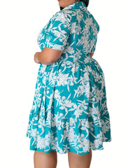  Floral Print Short Sleeve Polo Neck Shirt Dress