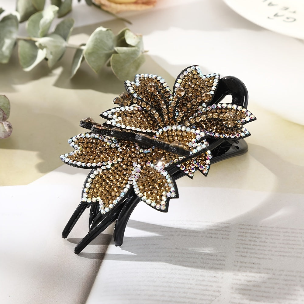 Rhinestone Double Flower Hair Clip Crystal Barrettes Bling Wedding Clips