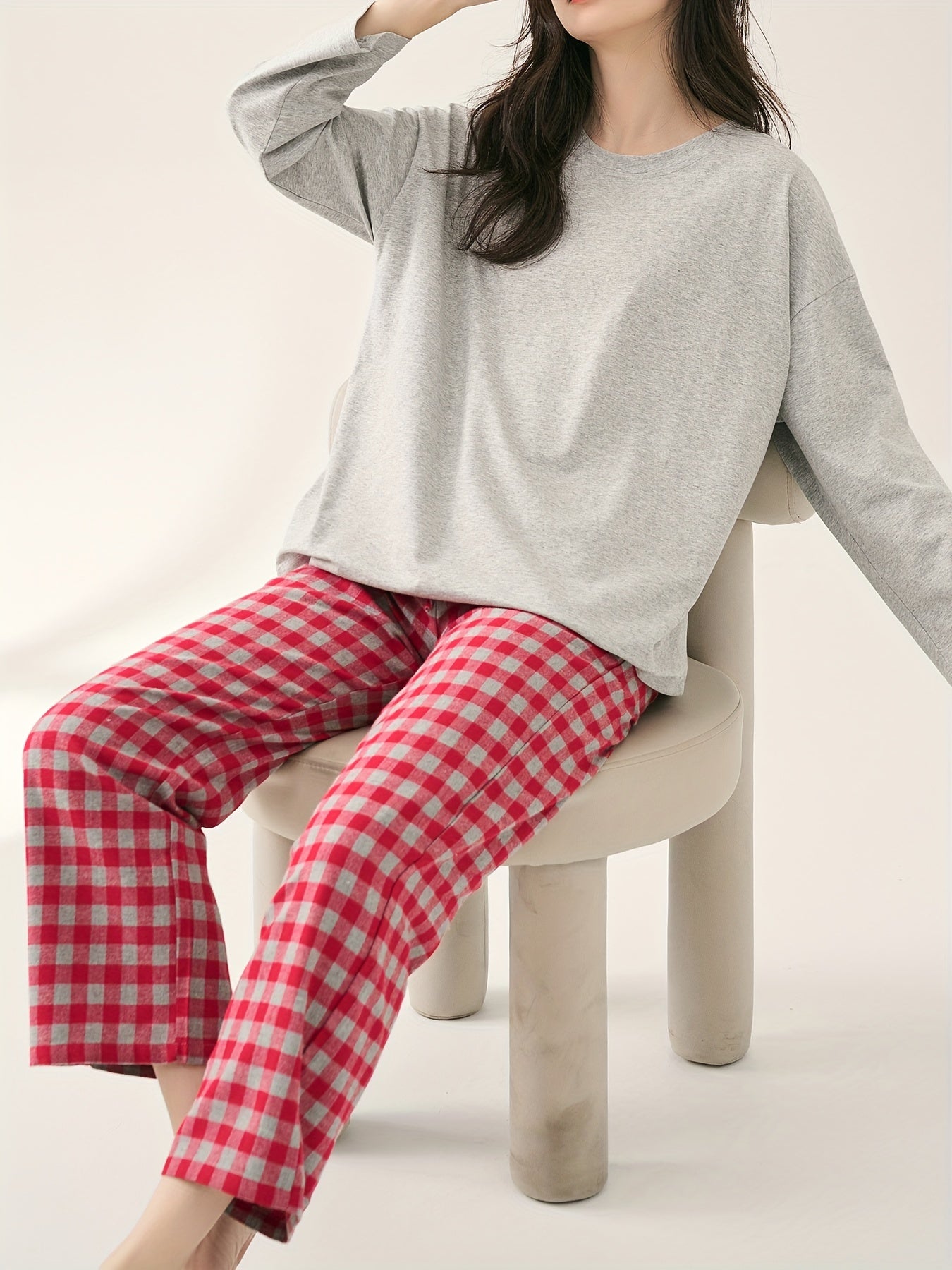 Cozy Pajama Set: Crew Neck Top & Plaid Pants